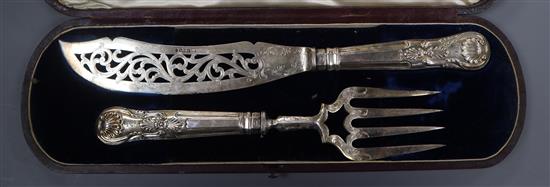 A cased pair of Victorian silver fish servers, John Round, Sheffield, 1871.